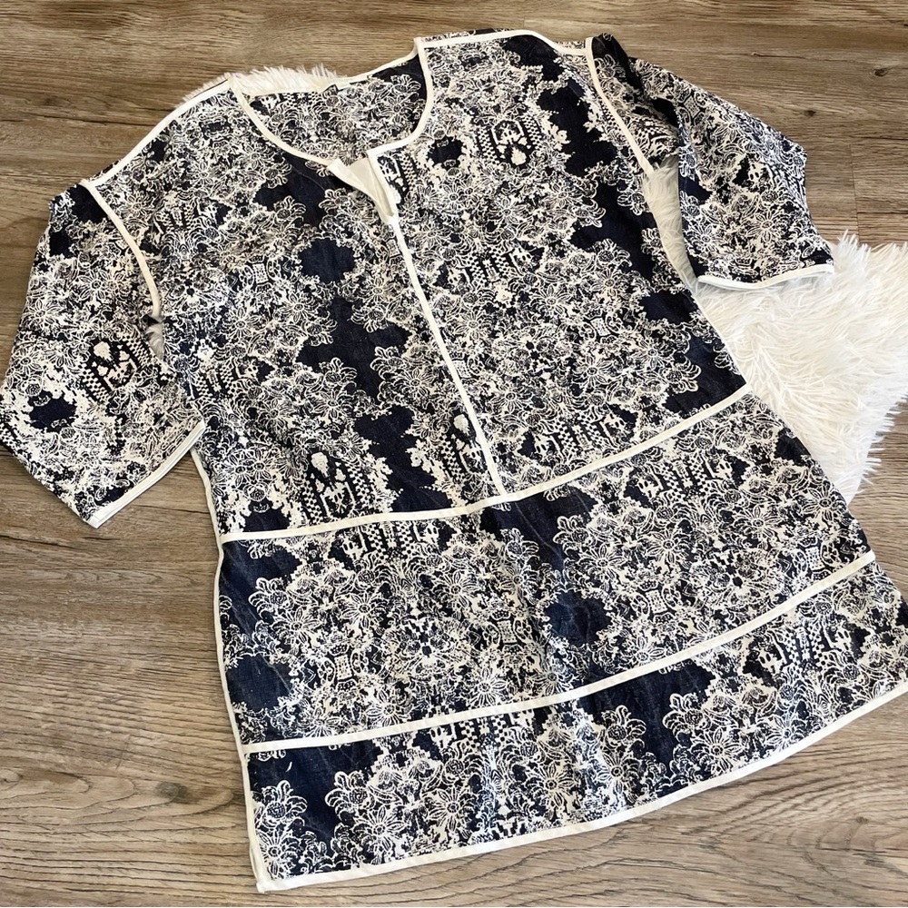 Piperlime Collection Tunic Dress Large Navy White Linen Embroidered Boho Chic